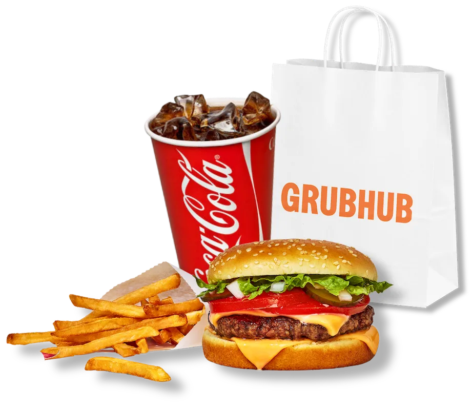 Pictured of burger, fries, a beverage with Grubhub bag